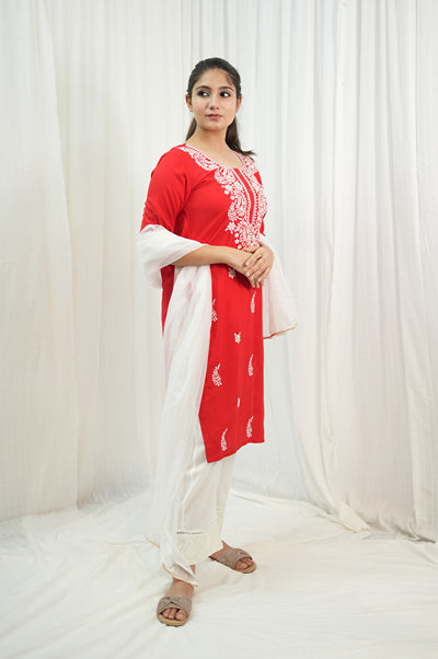Buy Anyuka Kurti For Women's Off White & Red Ikkat print + Khadi Work Kurti  at Amazon.in